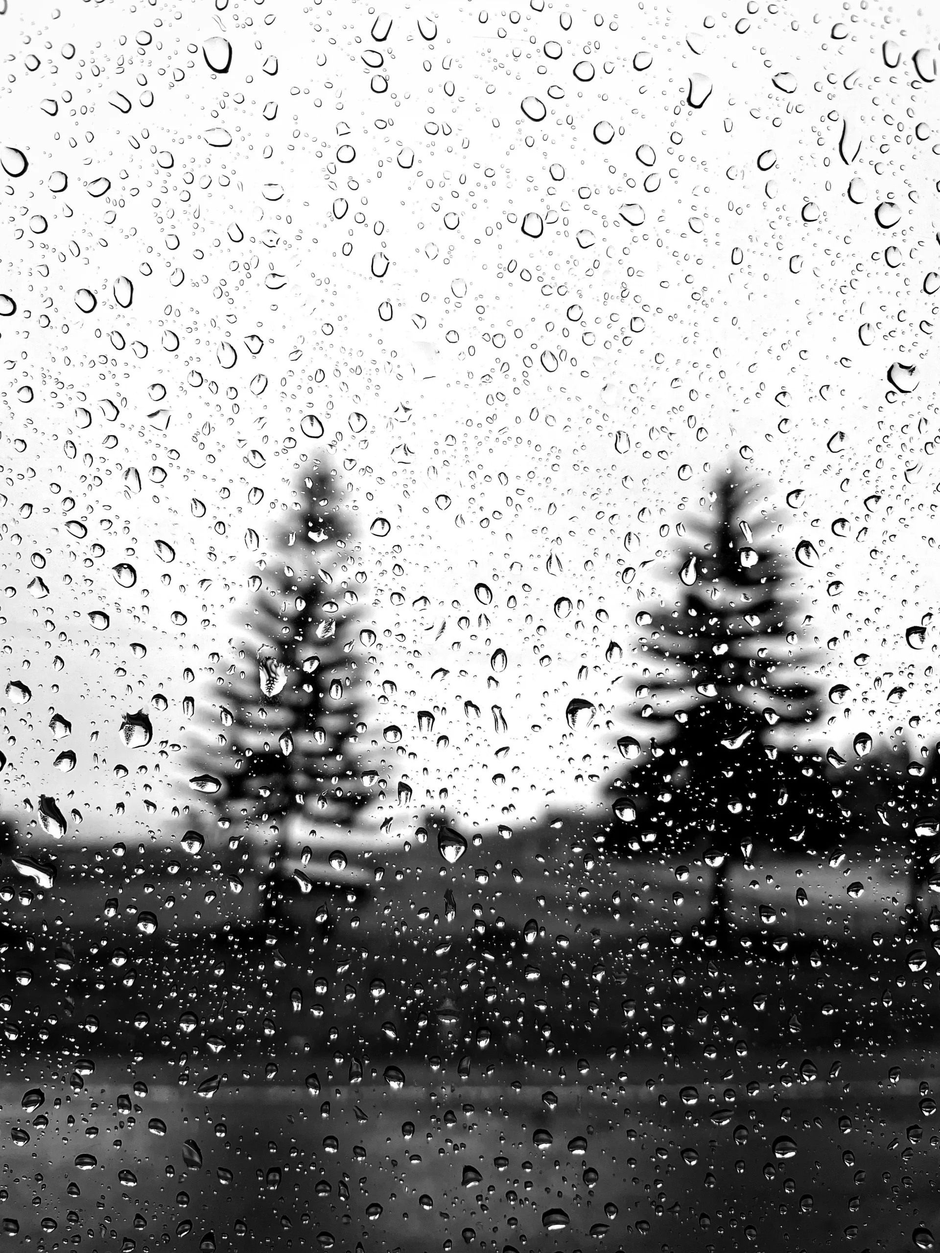a black and white photo of a rain covered window